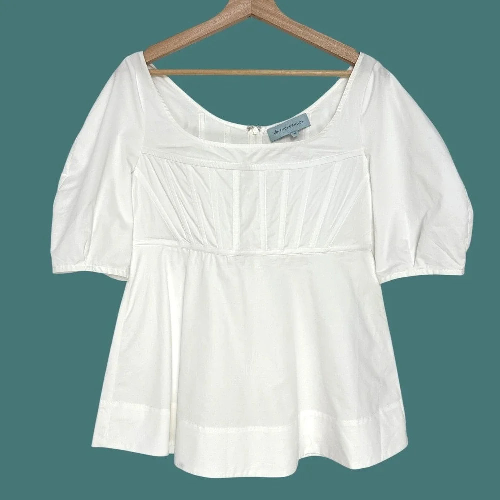 Tuckernuck Nealy Blouse White Cotton Corset Bodice Puff Sleeve Peplum Top Size M